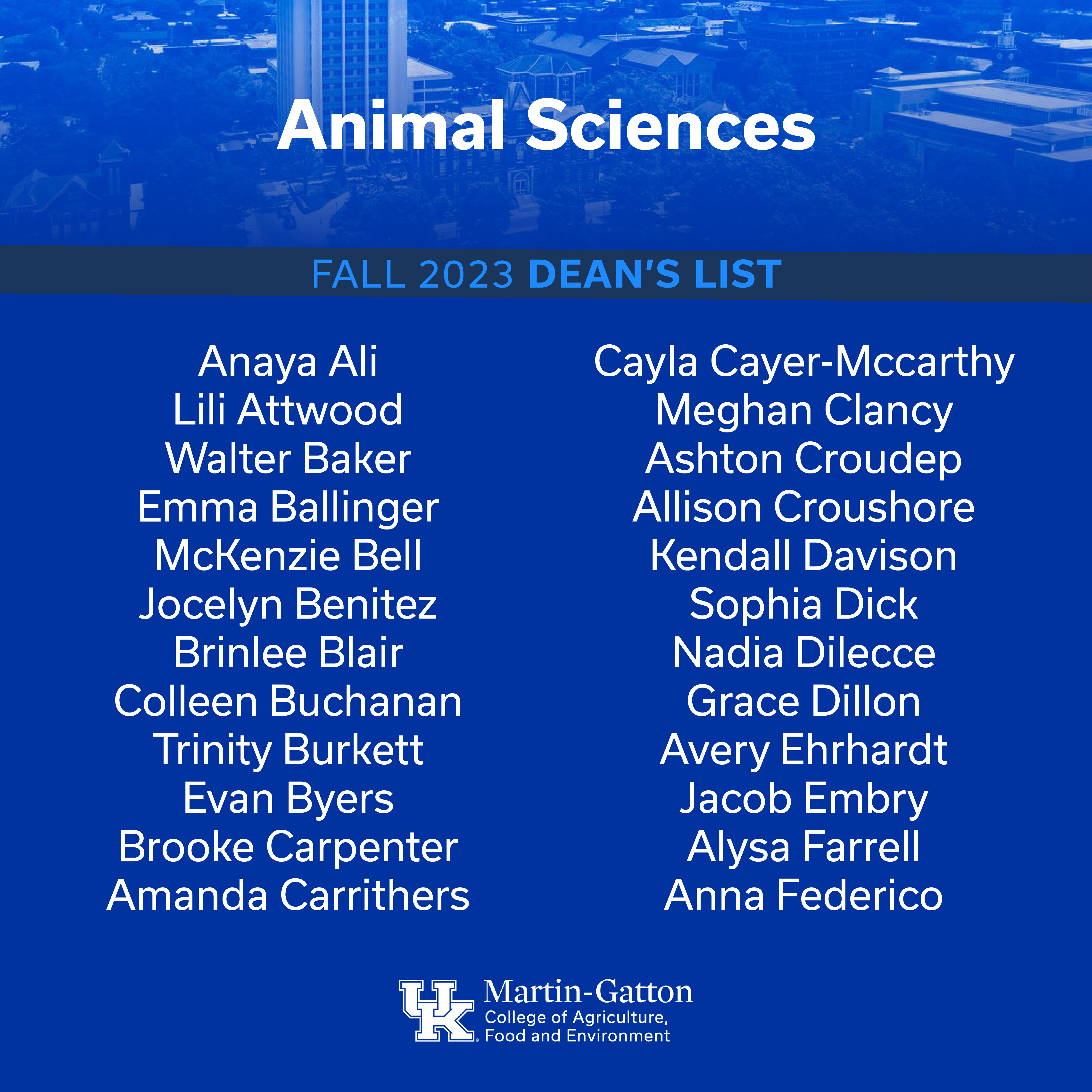 Fall 2023 Dean's List Animal & Food Sciences